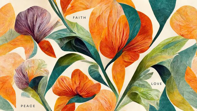 Illustration featuring vivid leaves and flowers with words 'peace', 'love', and 'faith'. Ideal for creating a serene atmosphere in offices or homes. Suitable for wall art, greeting cards, or meditation spaces. Promotes positivity and wellbeing.