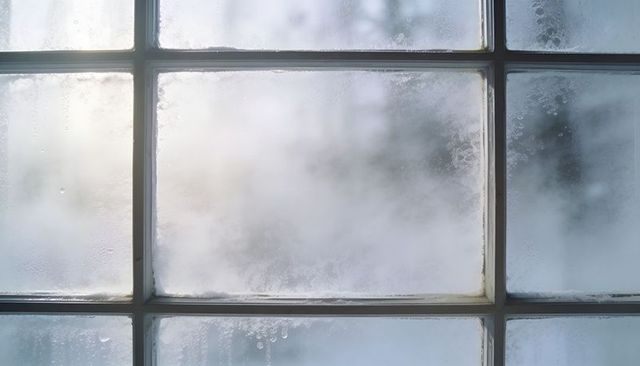 Frosted Multi-Pane Window Showing Condensation, Mist and Droplets on Glass Grid