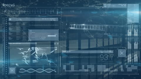 Data Processing Animation on Blue Screen with Futuristic Interface