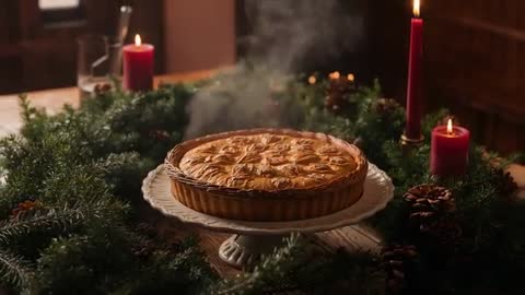 Holiday Dessert with Fruit Pie and Candles on Rustic Table