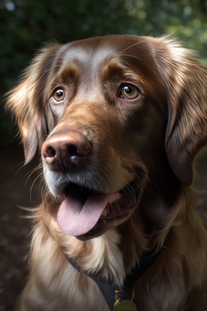 Golden Retriever dog panting with tongue out, standing in a natural forest setting. Ideal for promoting pet care services, outdoor products, animal-friendly businesses, and heartwarming advertisements focusing on companionship and loyalty.