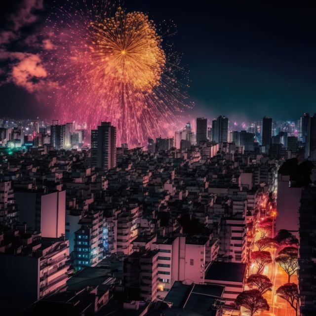 Capturing the vibrant fireworks illuminating the night sky above a bustling city skyline. Perfect for use in advertisements, holiday promotions, and celebration-themed editorials. Great for illustrating festive events and urban nightlife.