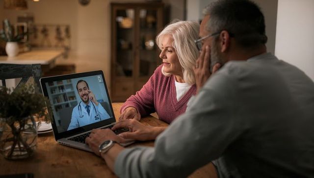 Senior couple using laptop for telemedicine video consultation at cozy kitchen table