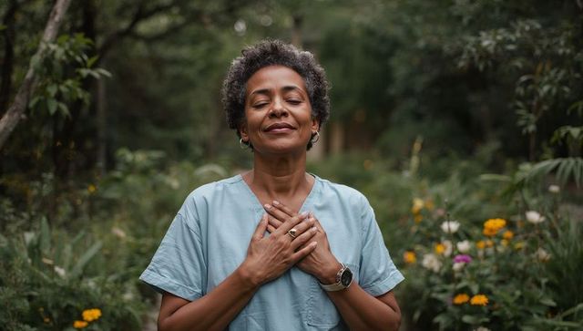 Nurse practicing mindful self-compassion in garden wearing light blue scrubs