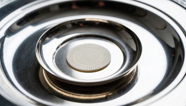 Concentric stainless steel trays with single beige wafer on reflective metal surface
