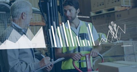 Warehouse manager inspecting inventory with logistics analytics overlay and worker operating pallet 