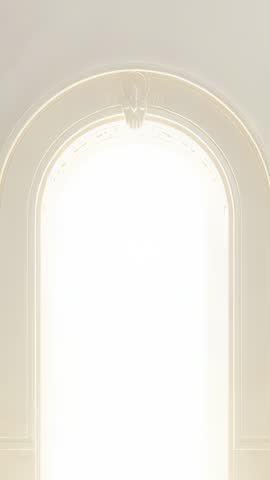 Ornate Arched Portal Glowing with Intense White Light in Elegant Hallway | Vertical Video