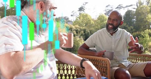 Casual outdoor conversation between friends on sunlit porch with teal data overlays