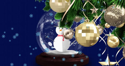 Festive Snow Globe Animation with Golden Christmas Baubles