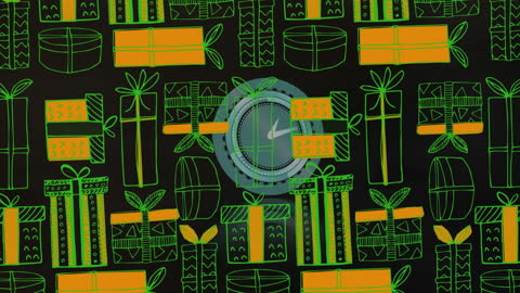 Digital Clock Animation Overlaid on Holiday Gift Icons