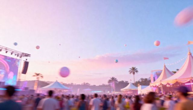 Pastel sunset music festival crowd with stage, tents, palm trees and floating balloons