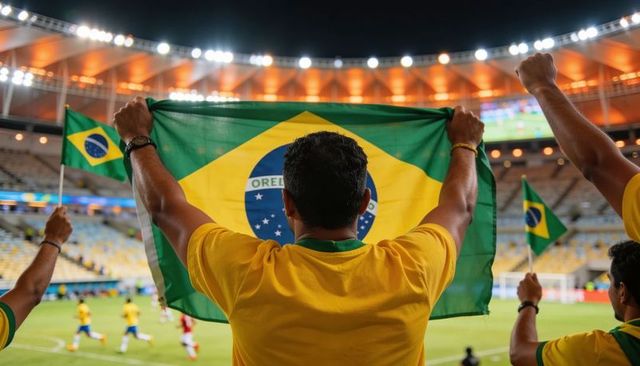 Brazilian fan raising flag in stadium at night celebrating soccer passion