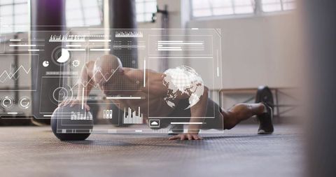 Shirtless man performing one-handed push-up on medicine ball with analytics hud overlay