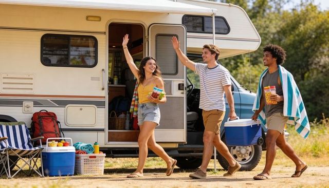 Friends unloading coolers and snacks at rv campsite during summer road trip