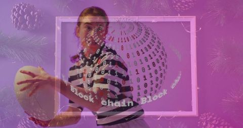 Energetic Woman with Rugby Surrounded by Futuristic Binary and Winter Theme