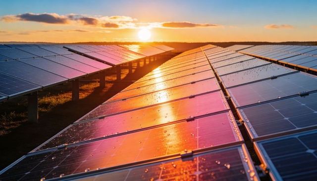 Sunset Reflecting on Dewy Ground-Mounted Solar Panels, Photovoltaic Farm Landscape