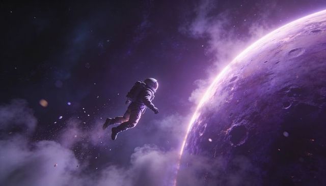 Floating astronaut gazing toward purple cratered planet with glowing visor and nebula