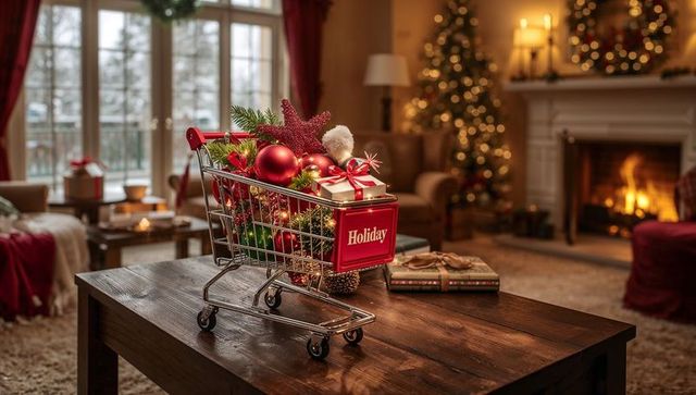 Miniature shopping cart with festive christmas decorations