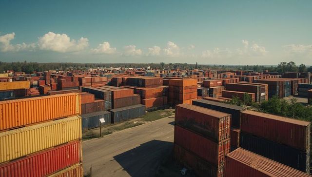 Stacked Shipping Containers in Industrial Logistics Yard