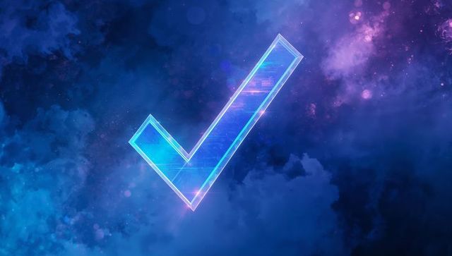 Futuristic Holographic Checkmark Floating in Cosmic Nebula