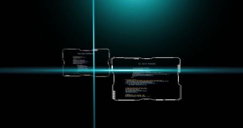 Futuristic cyan holographic hud showing ai data mining crosshair interface glitch code