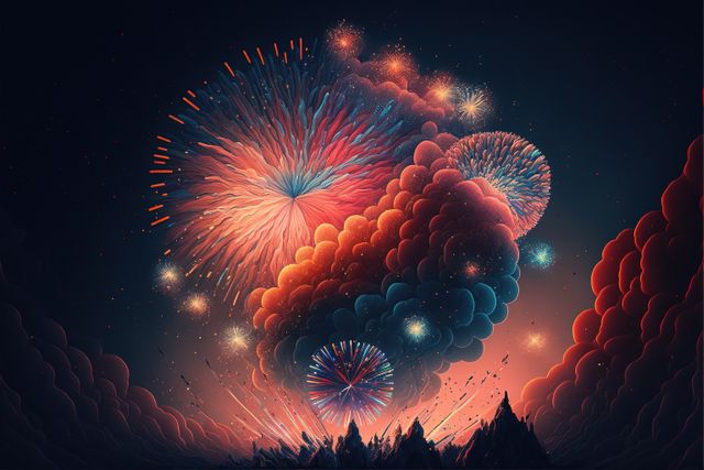 Surreal artwork depicting vibrant, colorful fireworks exploding in night sky over mountains. Ideal for use in fantasy artwork collections, event posters, holiday greeting cards, and creative design projects. Enhances themes of celebration, festivity, and imagination.