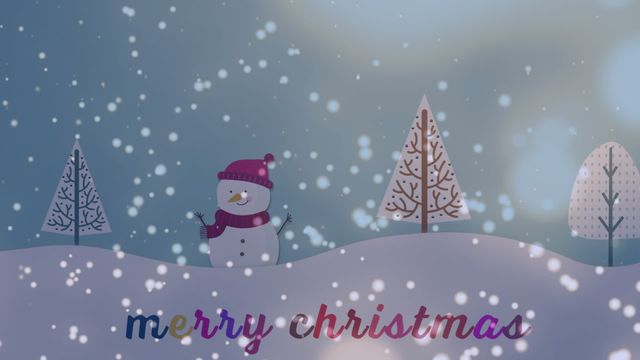 This image depicts a charming animated winter scene featuring a cheerful snowman amidst a snowy landscape with stylized trees. The phrase 'merry Christmas' adds a festive touch, making this image ideal for holiday greeting cards, social media posts, and seasonal decorations. The softly falling snow creates a magical, festive atmosphere that evokes the joy and warmth of the Christmas season.