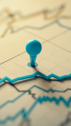 Sliding vertical chart reveal highlighting rising blue trend with teal pushpin