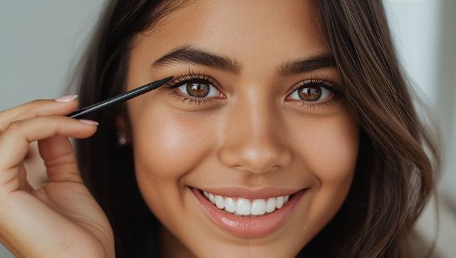 Smiling young woman applying precise eyeliner with fine brush, glossy lips, defined lashes