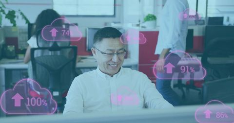 Asian Businessman Engaging with Digital Cloud Data in Modern Office