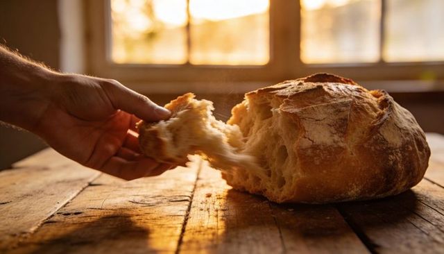 Hand tearing crusty artisan sourdough loaf on rustic wooden table at golden hour