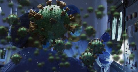Floating viral particles filling operating room while surgical team monitoring diagnostic displays