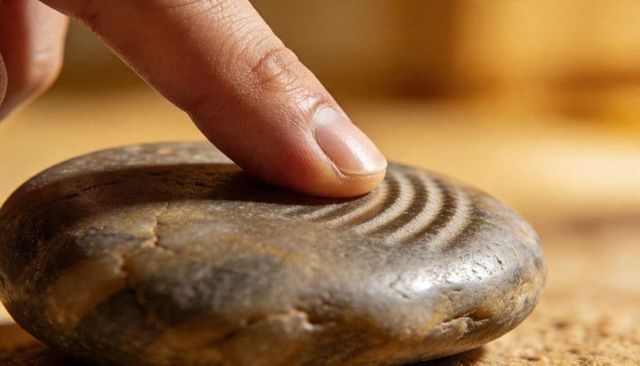 Finger pressing smooth river stone creating concentric ripple patterns on polished pebble
