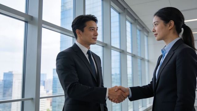 Corporate handshake between colleagues in glass office corridor with city skyline