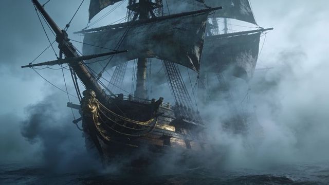 Tall ship emerging through thick sea fog with gilded figurehead and weathered sails under moonlight