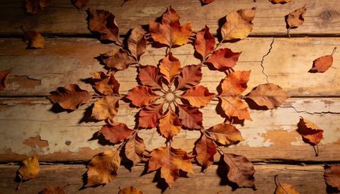 Autumn leaf mandala radiating on weathered wood planks rustic fall foliage pattern