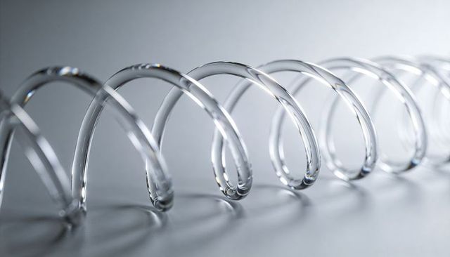 Transparent Glass Spiral Coil Macro with Soft Reflections and Minimal Gray Background