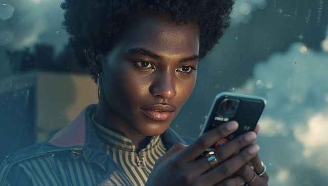 Focused Woman in Urban Setting Holding Smartphone Indoors
