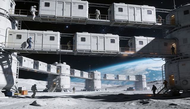 Lunar base crew repairing stacked habitat modules while Earth rising over moon horizon