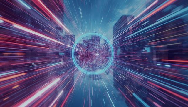 Futuristic neon light trails in digital data tunnel