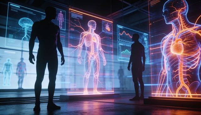 Researchers observing holographic human anatomy display with neon cardiac visualization