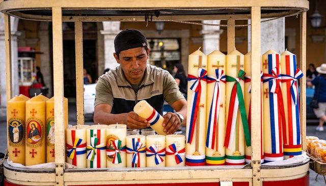 Street vendor preparing handcrafted religious candles with tricolor ribbons, historic plaza