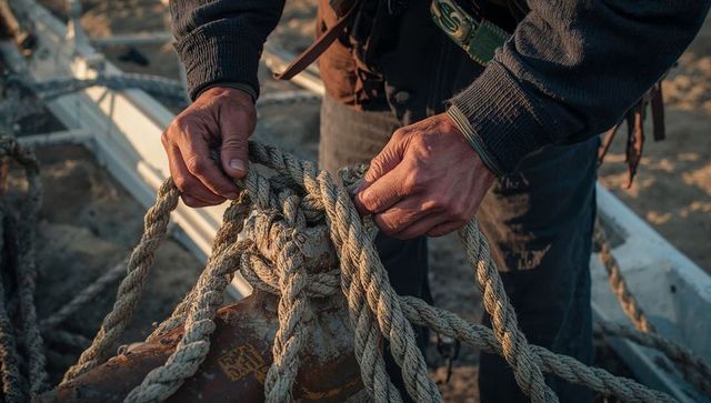Tying heavy braided rope onto rusted buoy at harbor dockside with weathered hands