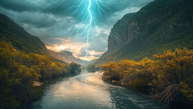 Dramatic lightning strike over river canyon at sunset