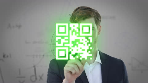 Businessman Interacting with Glowing QR Code and Equations
