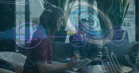 Businesswoman engaging with augmented data interface on tablet