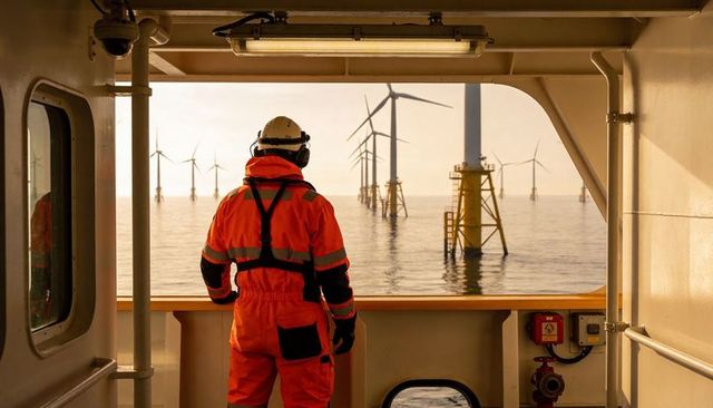 Technician standing on vessel deck inspecting offshore wind farm at golden sunrise