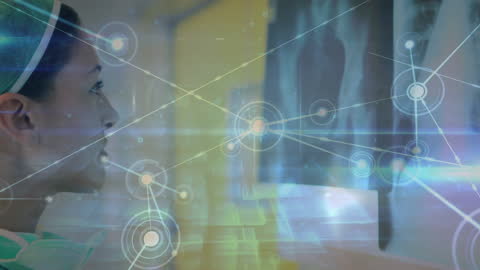 Businesswoman Analyzing Digital Network Overlay in Tech Environment