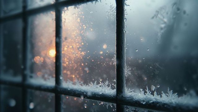 Frozen Windowpane Featuring Frost Crystals and Water Droplets
