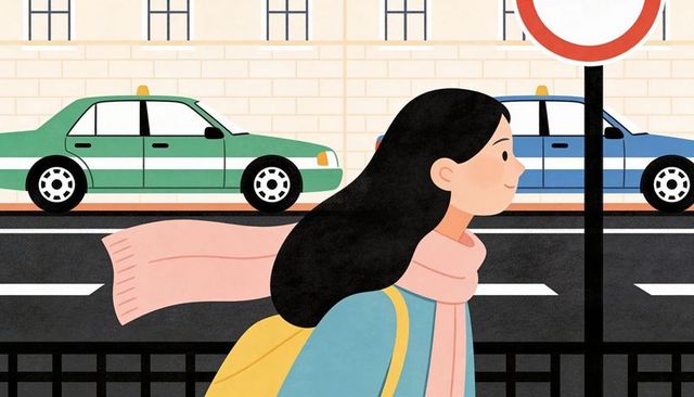 Woman walking city street wearing pink scarf and yellow backpack with taxis passing by